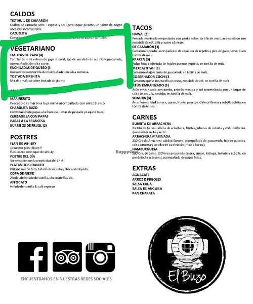 Vegetarian menu with vegan options at El Buzo Seafood and Beer in Sonora