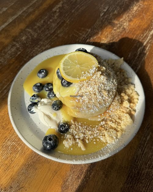 Lemon curd and blueberry vegan pancakes with shortbread crumble   at The Press House   in Exeter