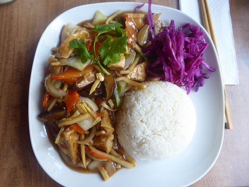 Rice with stir-fried tofu and mushrooms at Pho Viet Khang in Uusimaa