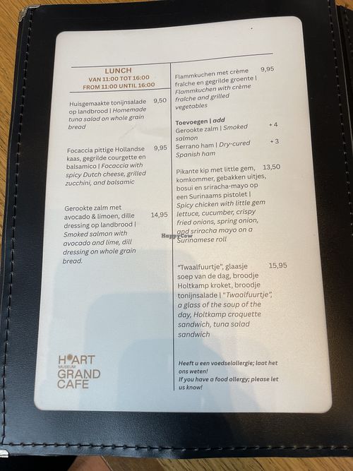 Menu  at H'ART Museum Grand Café in Noord-holland