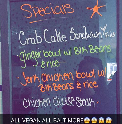 *daily specials like: Crabless cake! Jerk (not)Chicken at Sprout Vegan 2.0 in Baltimore