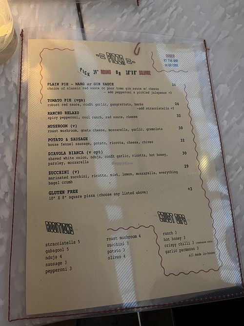 Menu  at poor Tom’s  in Marrickville