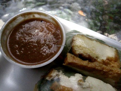 Tofu spring roll with peanut sauce at Petit Marche Vege in Montreal