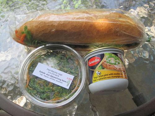 Banh mi, seaweed salad and mushroom pâté at Petit Marche Vege in Montreal