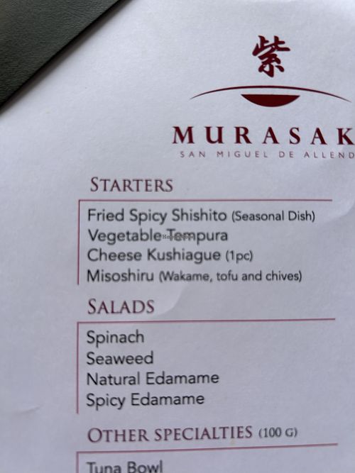 Menu  at Estoril y Murasaki in Guanajuato