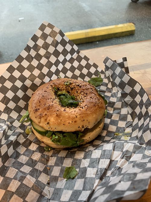 Delicious vegan breakfast bagel with avocado, tempeh, arugula, tomato and cucumber. Yum!  at The Barkley Cafe in Ucluelet