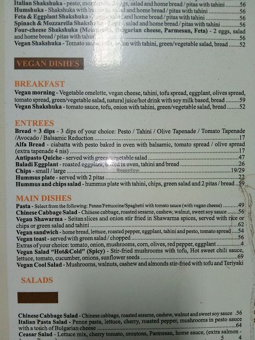 vegan menu at Cafe Optimi in Eilat