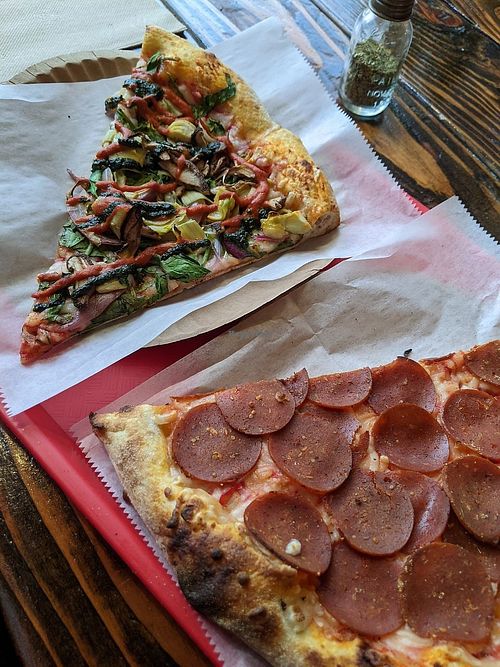 "city vegan" and "vegan pepperoni" (both are 6$) at The Oven's Slice in New York City