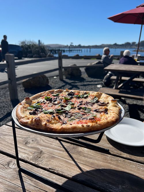 Vegan cheese pizza from wood burning oven   at Gourmet Au Bay in Bodega Bay