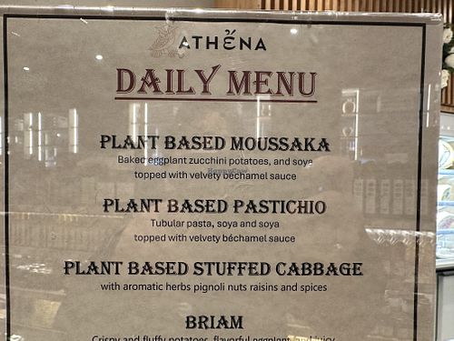 Daily menu featuring vegan and vegetarian Greek dishes  at Athena Gourmet Market in New York