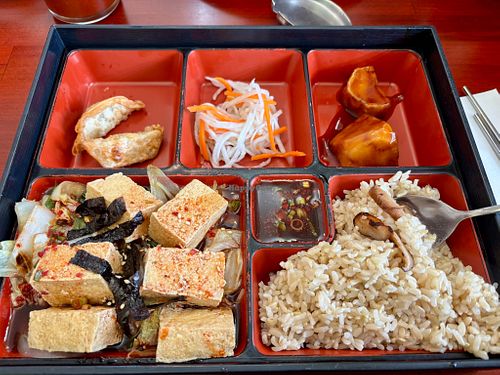 Weekday lunch special with the tofu option at Stone Bowl House in Brevard