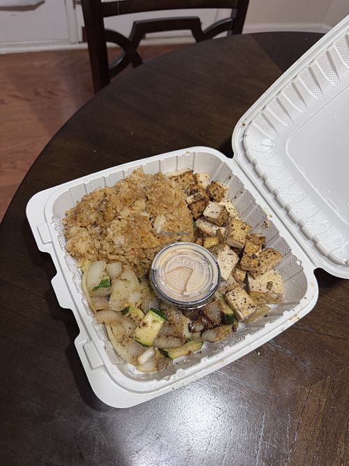 Tofu, rice, and veggies with vegan yum yum sauce  at Chopstix Hibachi Grill in Atlanta