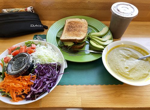 Om'echaye Sandwich with Pre-Workout Smoothie and Split Pea Soup  at Om'echaye Kitchen in Hallandale Beach