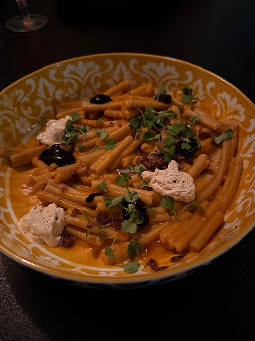 I had the vegan bolgogi mushroom tacos appetizer and their vegan casarecce with gluten-free pasta, butternut sauce, whipped sherry, and pumpkin-seed scallion chili crunch - YUM!! at The Wine Kitchen on the Creek in Frederick