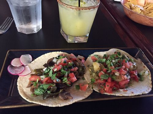 potato & green chili taco, mushroom taco. pineapple jalapeño margarita  at El Borracho - Pike Place Market in Seattle