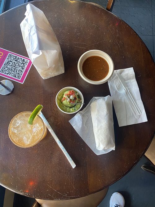 Aerial View of Shorty Burrito + Chips Salsa/Guac  at El Borracho - Pike Place Market in Seattle