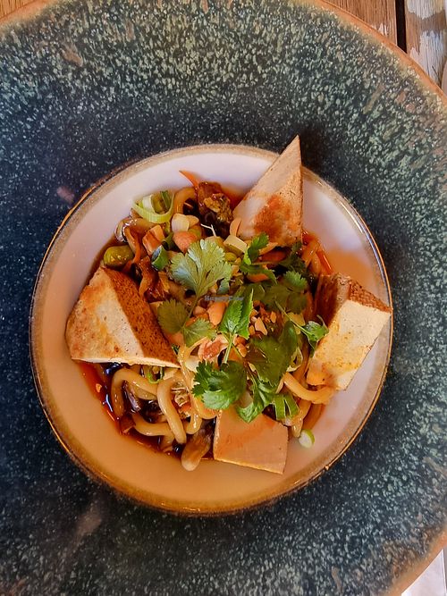 Udon noodles with roasted veggies and tofu at Szatyor Bár in Budapest