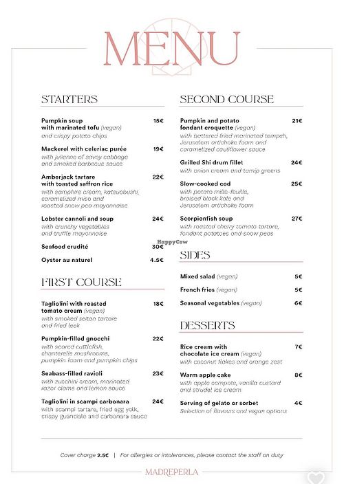 Menu as of Oct 2025  at MADREPERLA Bistrot in Friuli-venezia Giulia
