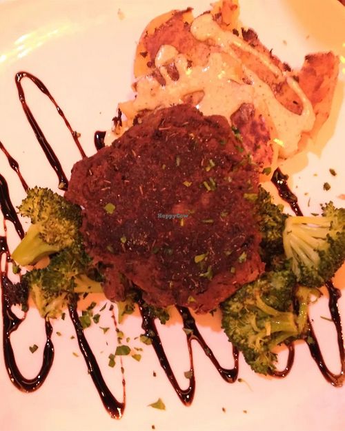 Black bean steak with smashed potatoes and broccoli #Veganuary at Sanctuary Bistro in Charlotte