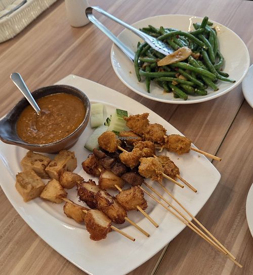 Signature Triple Satay Platter. Sautéed French Beans with King Mushrooms & Preserved Radish ⼲煸杏鲍四季⾖ at Mother Earth Classic Vegetarian 大地之素 (Balestier) in Central Singapore