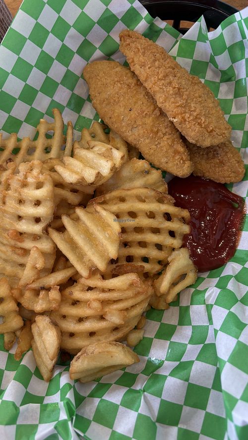 Three piece chicken tender with waffle fries!   at Soy Boys in Toronto