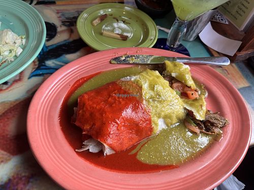 Vegan burrito with red and green sauce  at Sonora Cantina in Big Bear Lake