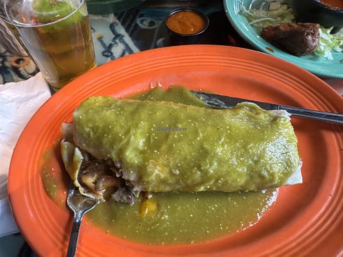 Vegan burrito with green saucee  at Sonora Cantina in Big Bear Lake