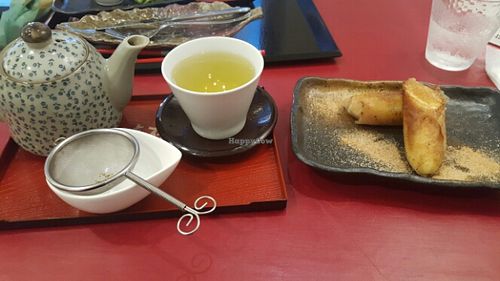 Banana spring roll and sencha tea at Art Cafe ELK in Hiroshima