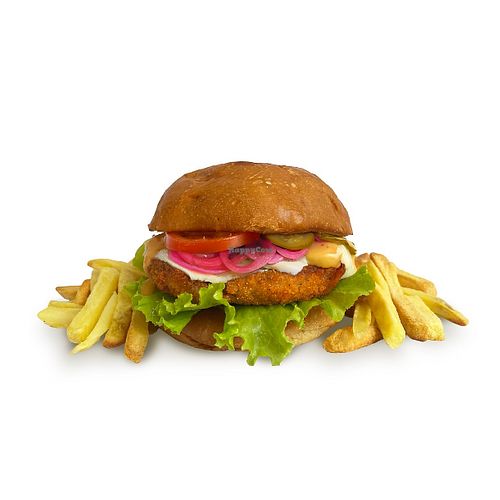 Tofu empanizado crujiente con no-queso, veganesa spicy y papas./Crispy breaded tofu with no-cheese, spicy vegan mayo & fries. at Las Chuburguesas  in Merida