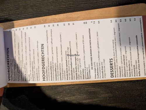 Deel van het menu at Dordts Genoegen in Dordrecht