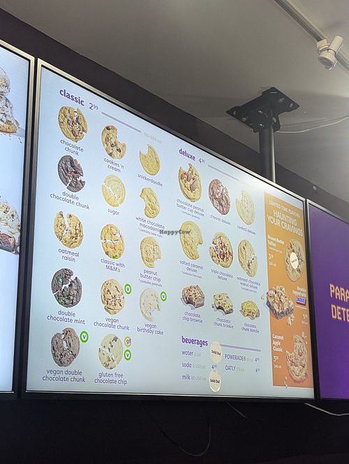 Menu has green Vegan labels at Insomnia Cookies in Reno