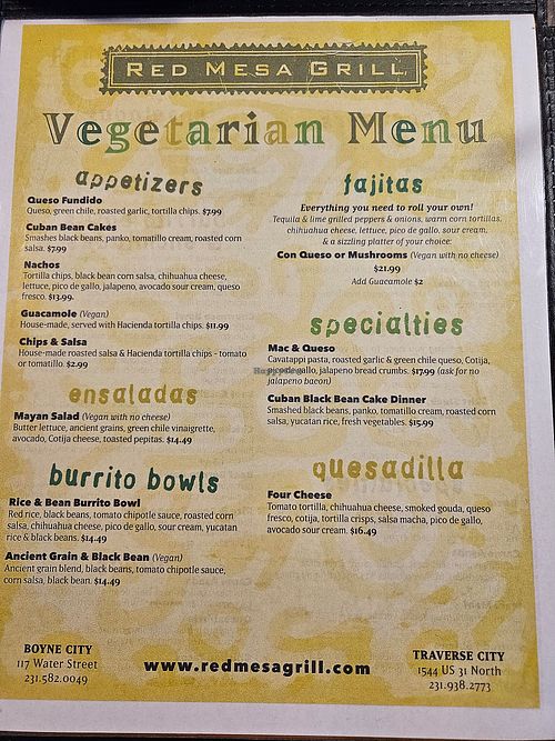 Vegetarian menu with vegan options listed at Red Mesa Grill - Traverse City in Traverse City