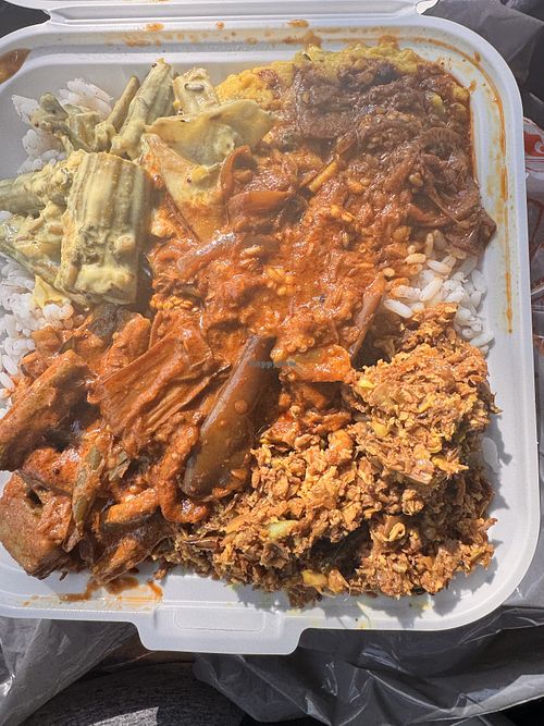 Brown rice with 6 curries - all vegan  at New Spiceland Restaurant: Take-out, Catering & Bakery in Toronto