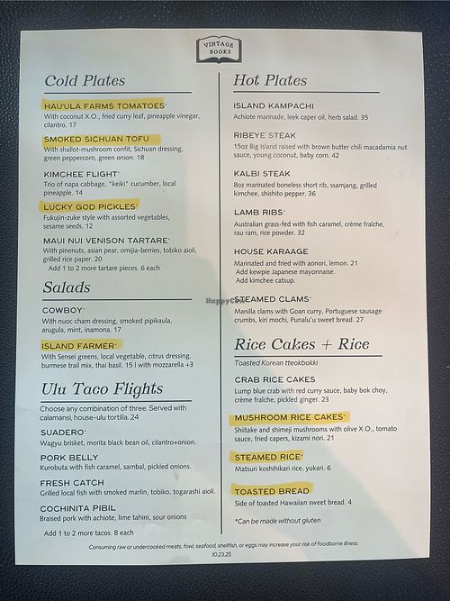 Vegan menu items are highlighted. Rotating menu. This pic is from October 2025    at Vintage Books in Honolulu