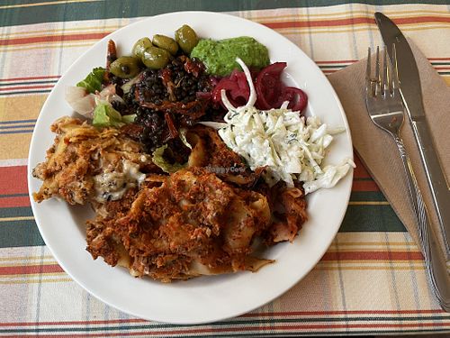 Vegan lasagna and salad  at Rauhankahvila Fredrika in Helsinki