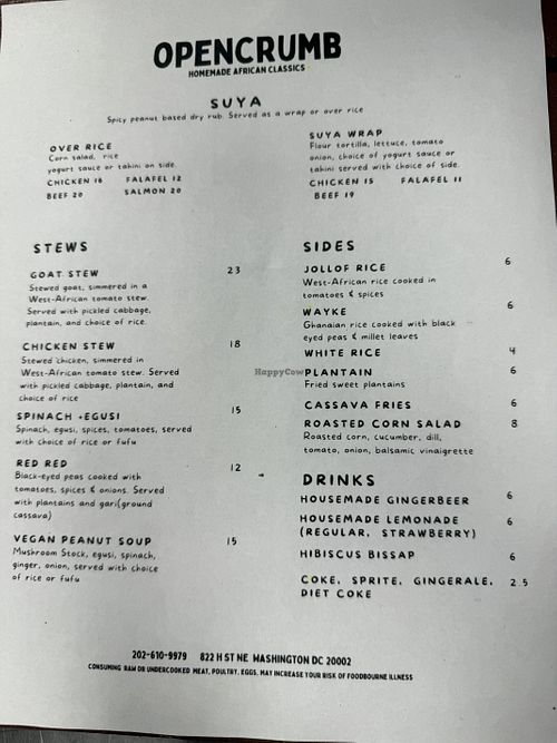 Menu  at Open Crumb in Washington