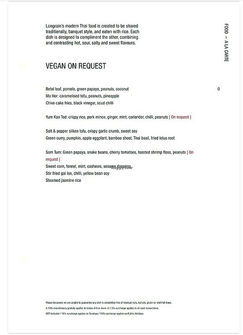 Vegan Menu at Longrain Melbourne in Melbourne