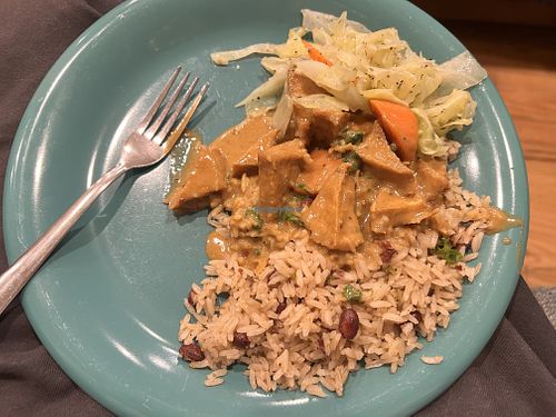 Tofu curry, steamed cabbage, peas and rice  at High Grade Foods Jamaican Restaurant and Bar in Colorado Springs