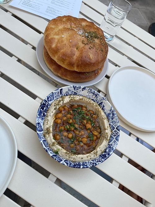 Hummus and frena bread   at Ezov in Austin