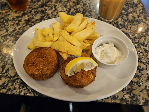 Vegan fishcakes and chips at Hetty and Betty in Whitby