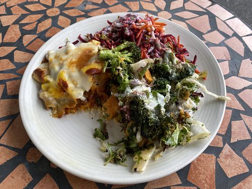 Vegan lasagna, sweet potato salad and beetroot and carrot salad with tahini dressing   at Radhey Chai Bar in Fitzroy