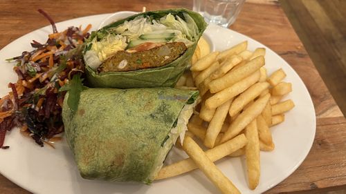 Radhey vegan wrap. Bargain at $16.50 including chips and salad  at Radhey Chai Bar in Fitzroy