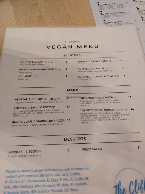 Vegan menu autumn/winter 2025 at The Cliffe Lounge Bar & Kitchen in England