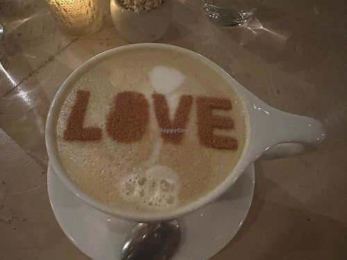 Made wit In house almond milk  at Cafe Gratitude in Los Angeles