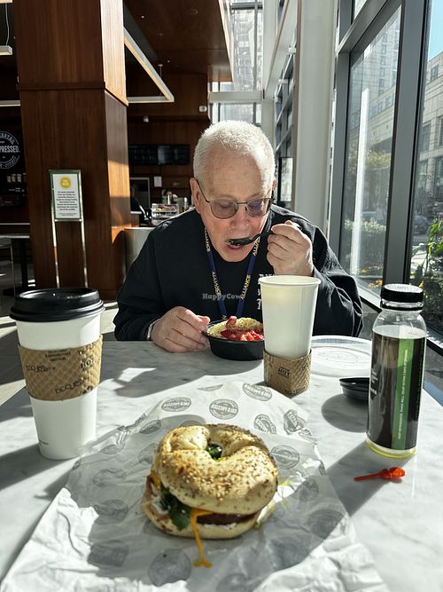 Vegan breakfast bagel green juice #2 and pistachio latte !!!   at towncentercold.press in Norfolk