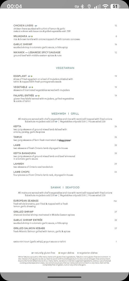 Menu part 2/2 at Tabule Oakville in Oakville