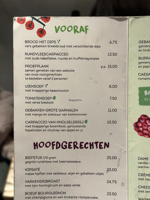 Kaart met het groene rondje met heel klein vegan zijn de vegan opties.   at Brasserie Coldenhove in Gelderland