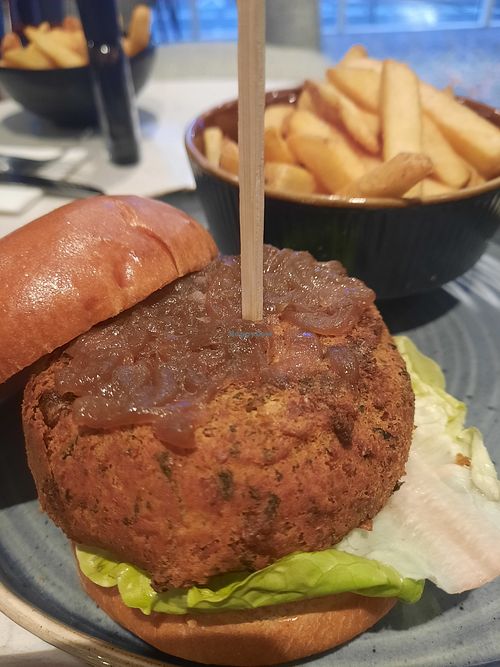 Spicy Falafel Burger with crispy chips at Maldron Hotel Brighton City Centre in England
