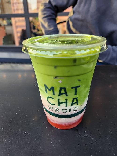 Iced strawberry matcha latte with oat milk at Matcha Magic Redmond in Redmond