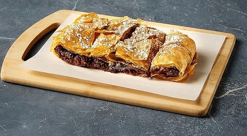 Bougatsa vegan with chocolate and orange (they also have with espresso, with tahini and more) at Open Lab Μπουγατσοποιείο in Thessaloniki